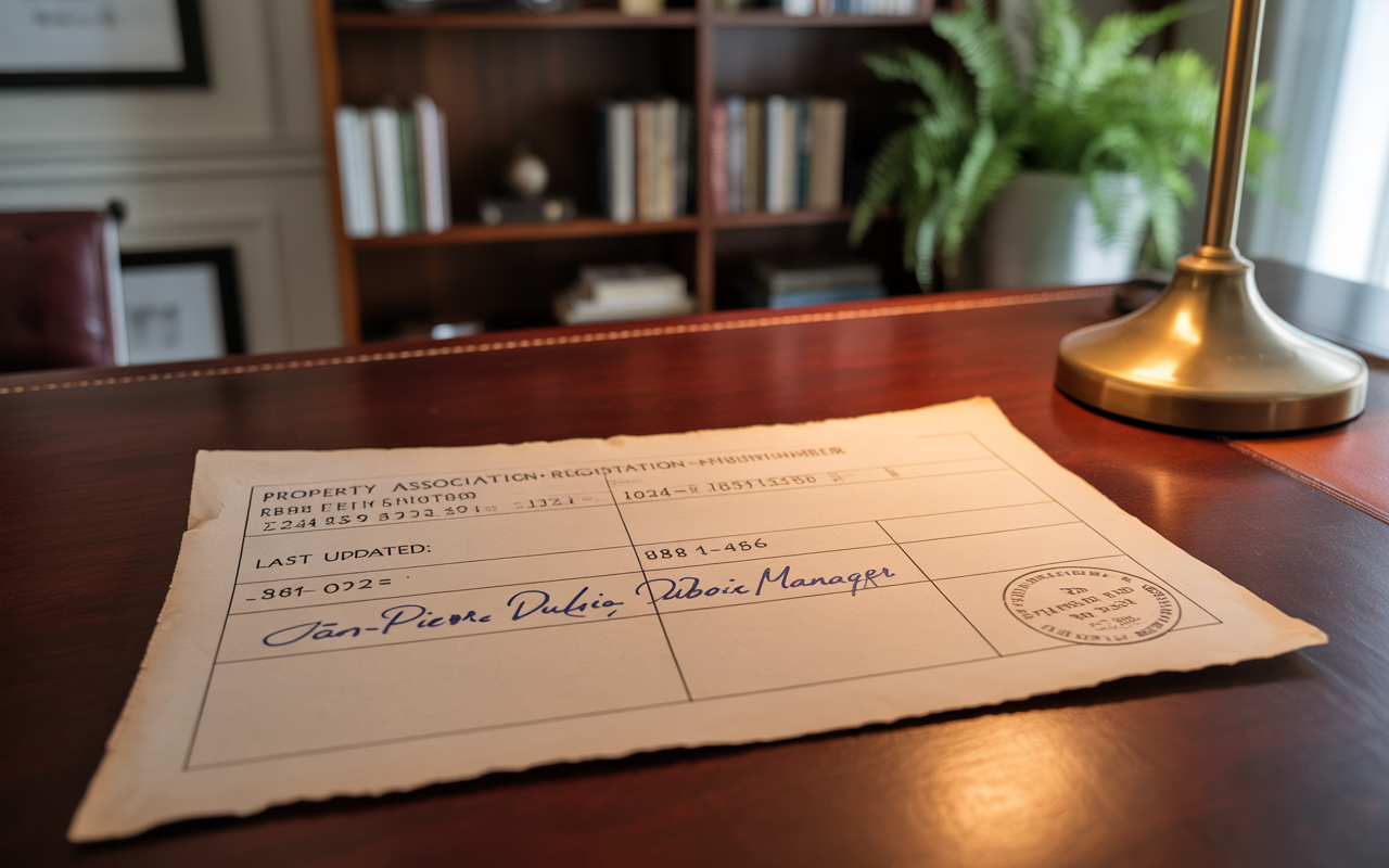 Document officiel sur un bureau en bois, portant des informations sur une association de propriété, signé par un gestionnaire.