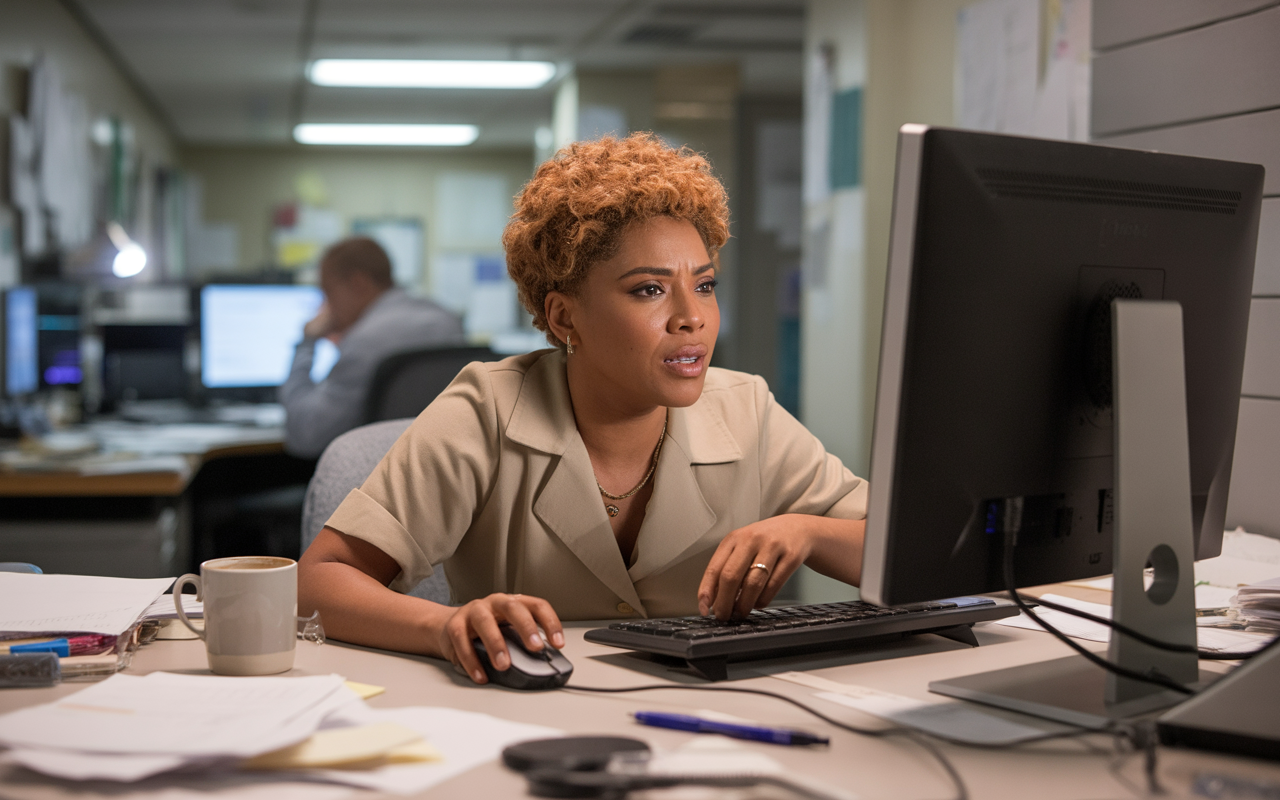 Femme avec cheveux courts et bouclés, concentrée devant un ordinateur dans un bureau, entourée de papiers et d'une tasse.
