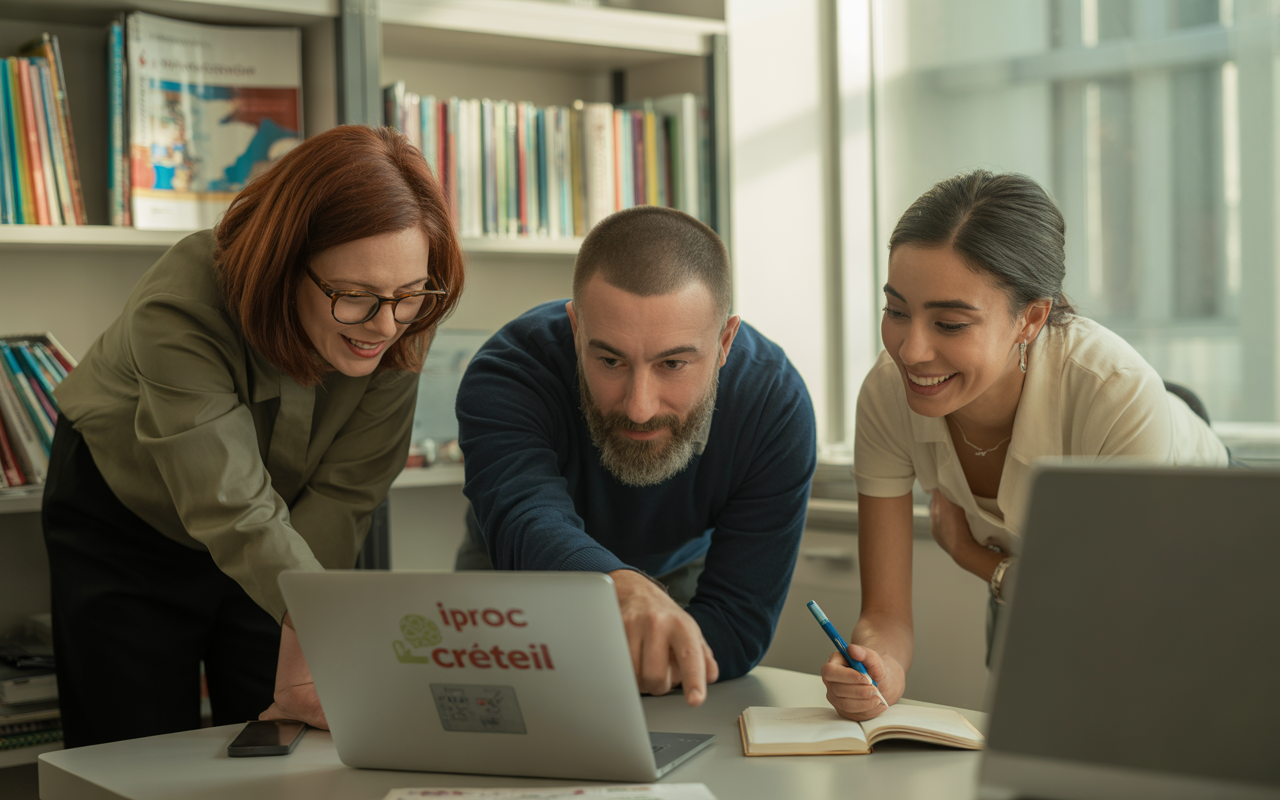 Trois personnes collaborent autour d'un ordinateur portable dans un bureau lumineux, échangeant des idées et prenant des notes.