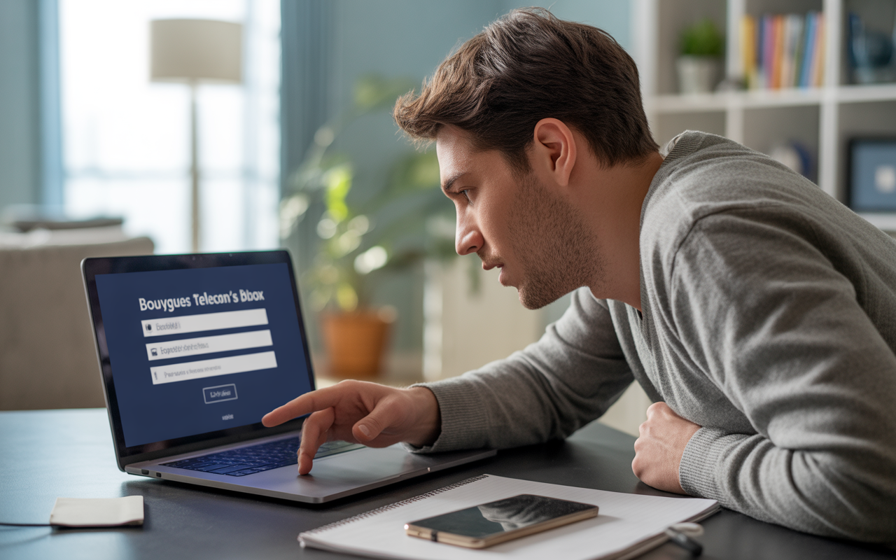 Un homme est concentré sur son ordinateur portable affichant une page de connexion Bouygues Telecom, stylos et carnet à côté.