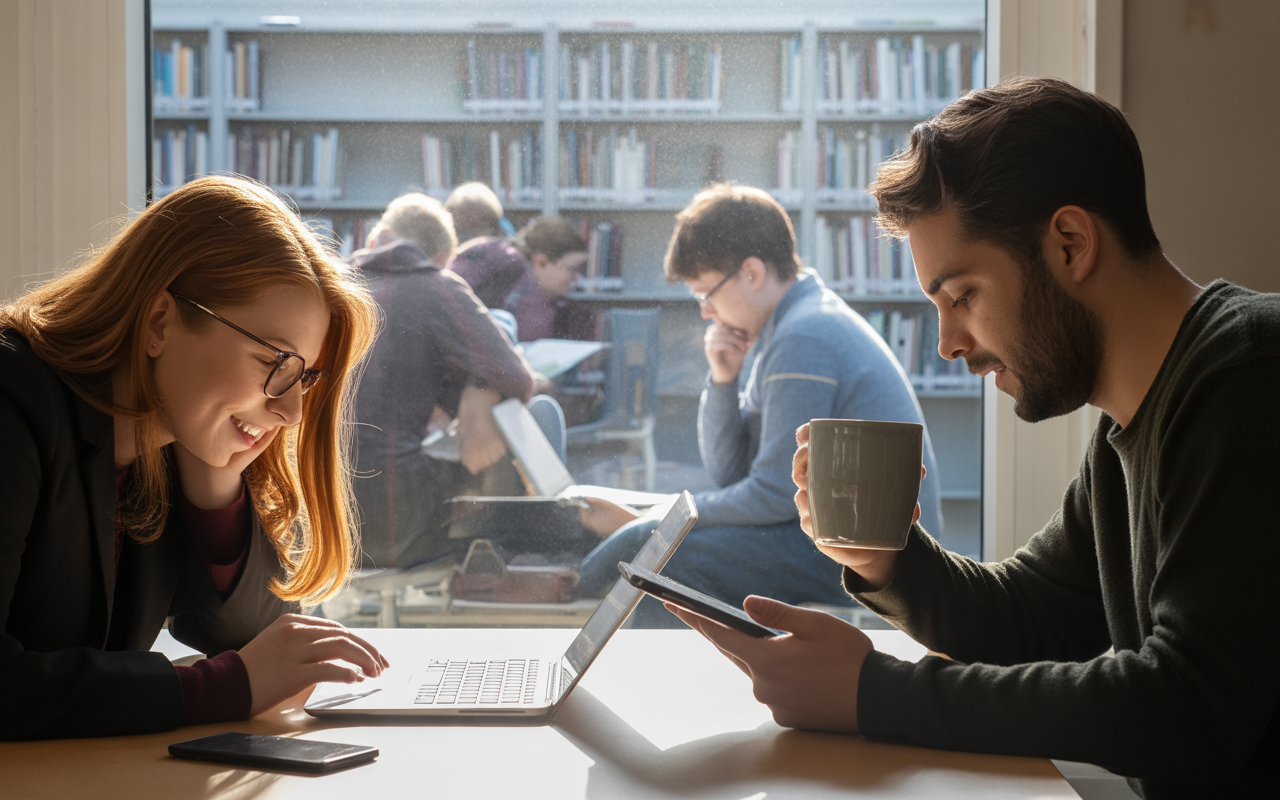 Deux personnes, une femme et un homme, travaillent sur des ordinateurs dans une bibliothèque ensoleillée, entourées d'étudiants.