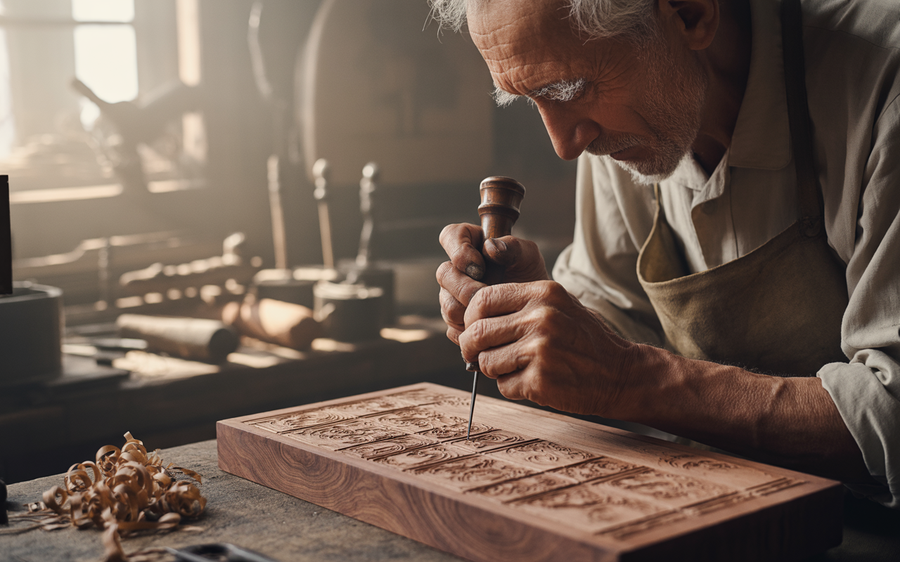 Un artisan âgé sculpte délicatement un panneau en bois, entouré d'outils de travail dans un atelier lumineux.