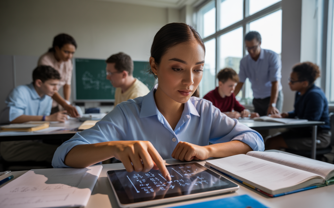 Une étudiante utilise une tablette pour des mathématiques, entourée de camarades et enseignants dans une salle de classe moderne.
