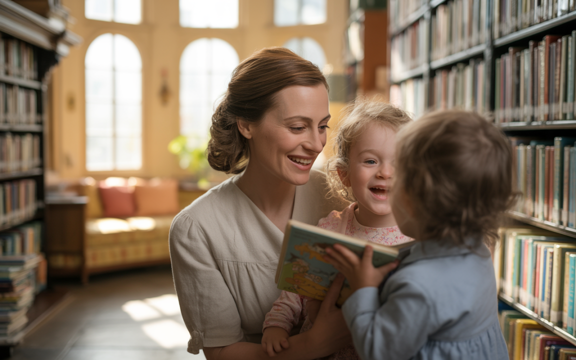 Une mère souriante lit un livre à deux jeunes enfants dans une bibliothèque lumineuse, entourée de livres.