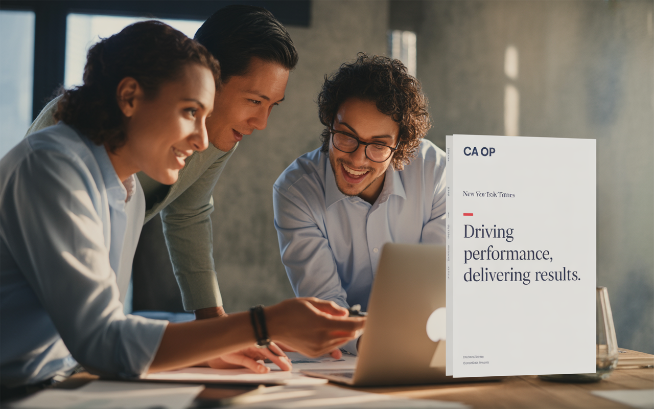 Trois personnes collaborent autour d'un ordinateur portable, souriantes, avec un document affichant "Driving performance, delivering results." en arrière-plan.