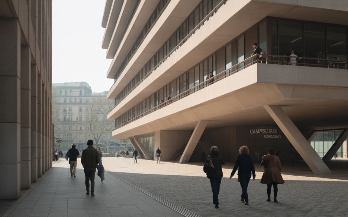Architectural bâtiment moderne avec passants sur une place, ombres longues et fenêtres vitrées, décor urbain en arrière-plan.