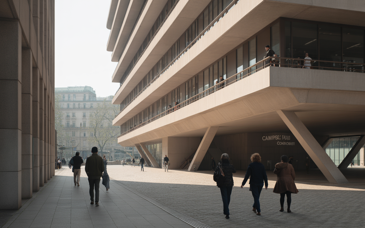 Architectural bâtiment moderne avec passants sur une place, ombres longues et fenêtres vitrées, décor urbain en arrière-plan.