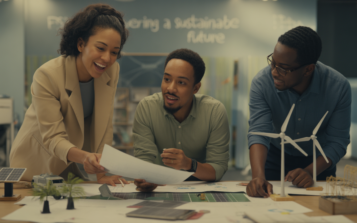 Trois personnes collaborent autour d'une table, examinant des projets de développement durable, avec des maquettes éoliennes et des plans.