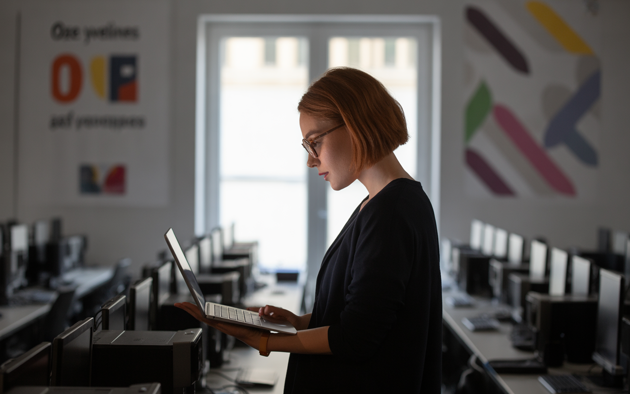 Femme aux cheveux courts, portant des lunettes, utilise un ordinateur portable dans une salle remplie de postes informatiques.