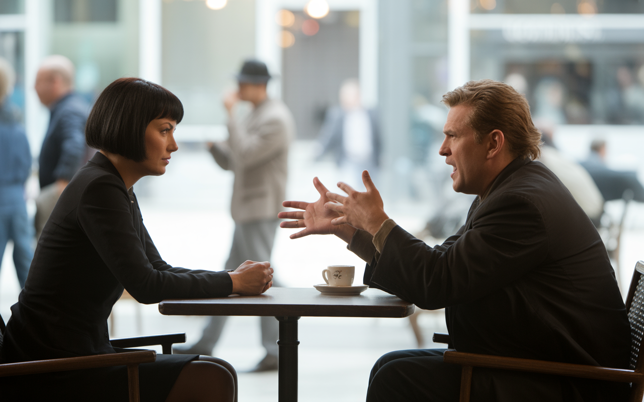Deux personnes assises à une table de café, engagées dans une conversation animée, avec un décor urbain en arrière-plan.