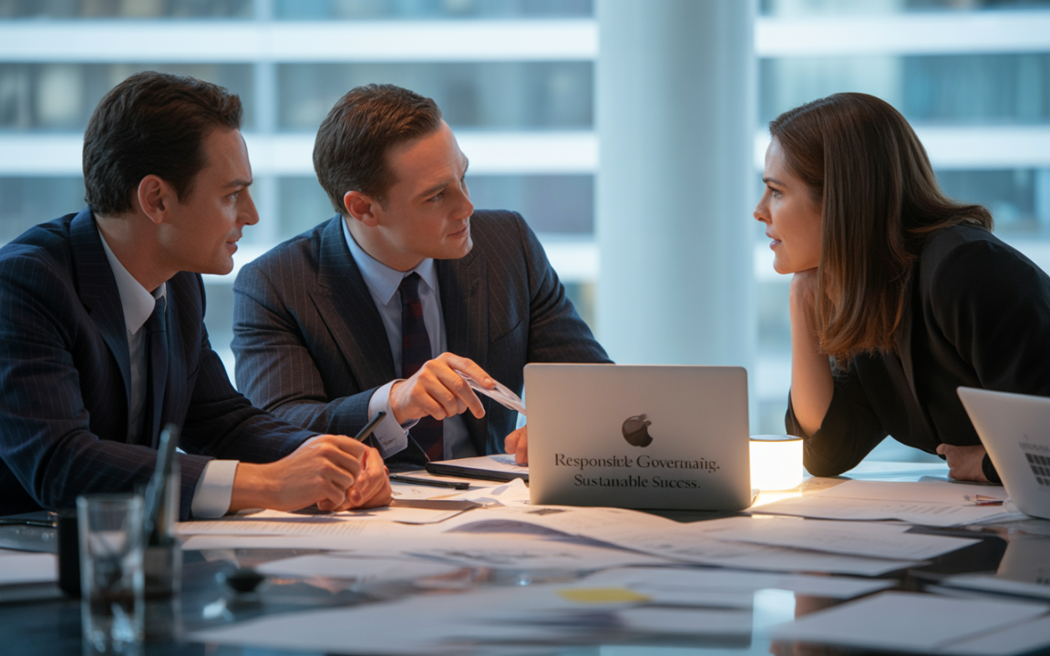 Trois professionnels en costume se parlent autour d'une table de réunion, avec un ordinateur portable et des documents éparpillés.