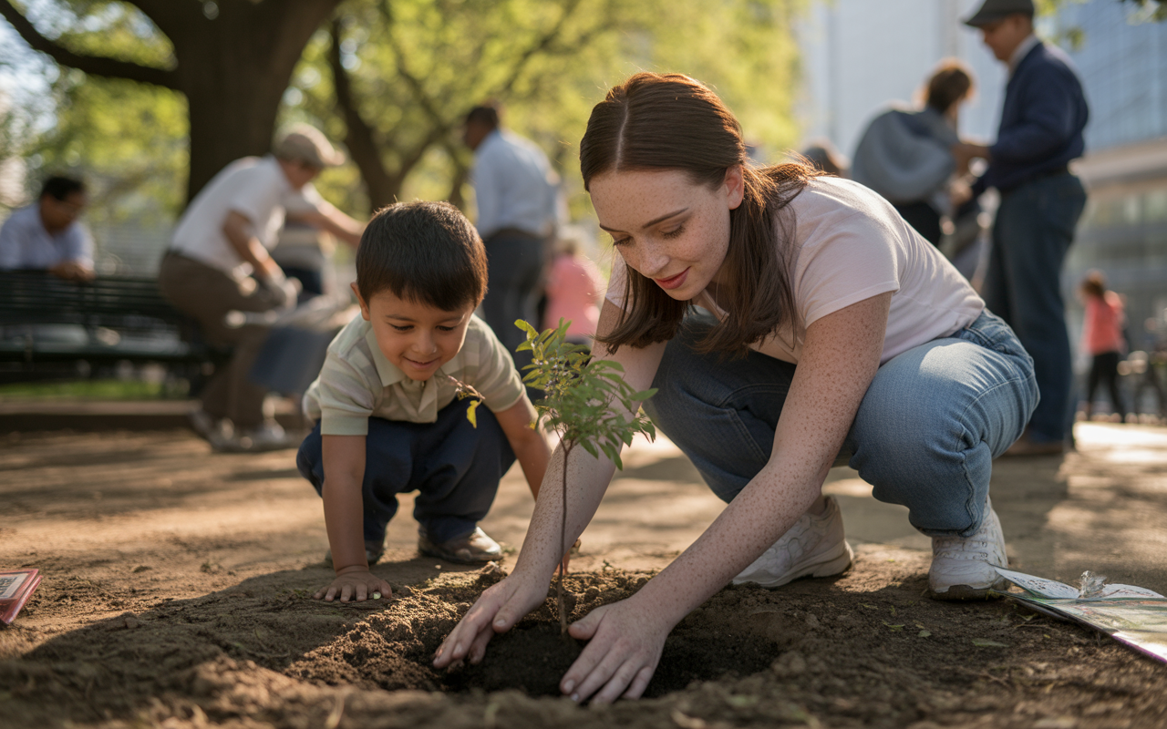 Une femme et un enfant plantent un arbre dans un parc, entourés de personnes profitant d'une journée ensoleillée.
