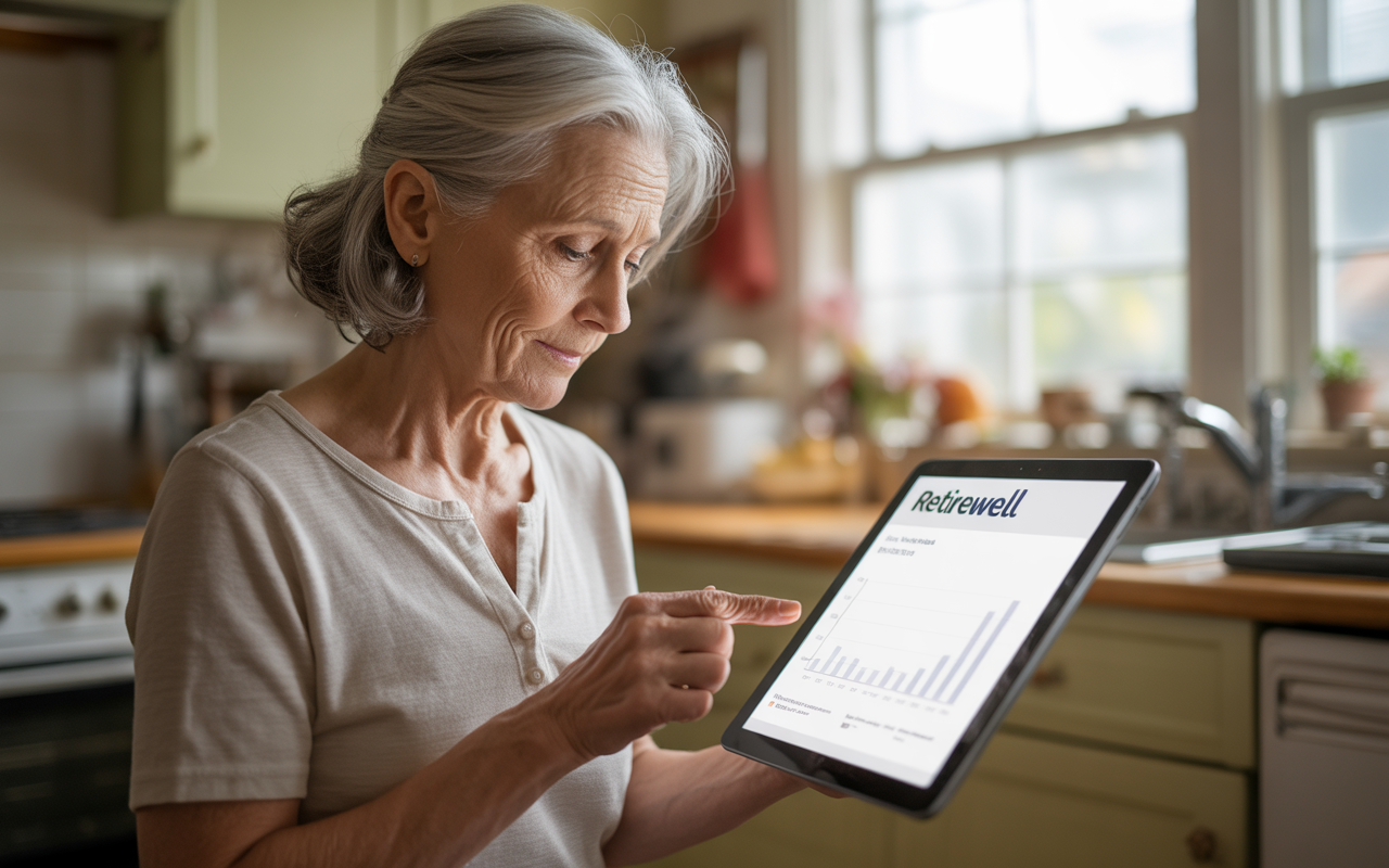 Femme âgée utilisant une tablette dans une cuisine, visualisant des graphiques sur la planification de la retraite.