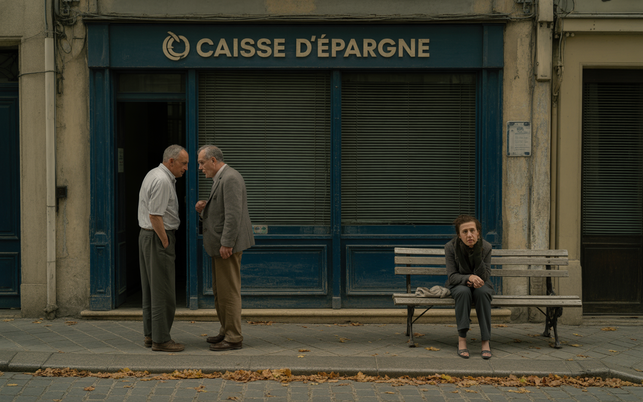 Deux hommes discutent devant une agence bancaire, une femme assise sur un banc les observe, entourée de feuilles mortes.