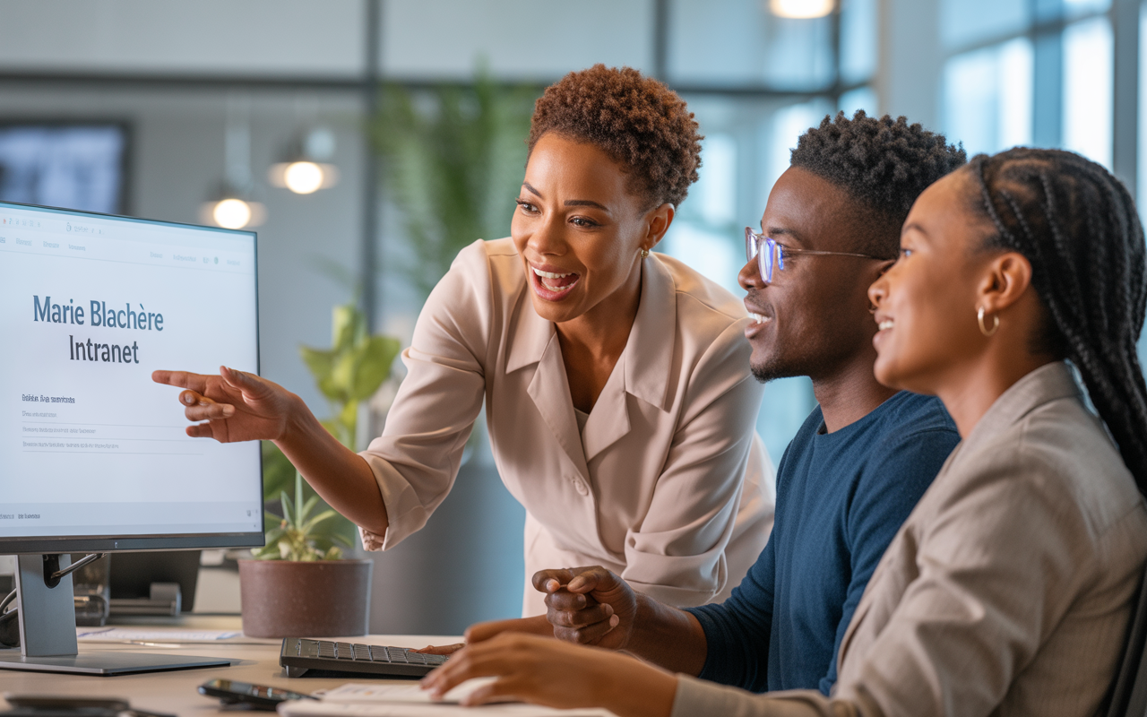 Trois personnes discutent autour d'un ordinateur, une femme pointe l'écran affichant "Marie Blachère Intranet", dans un environnement de bureau moderne.