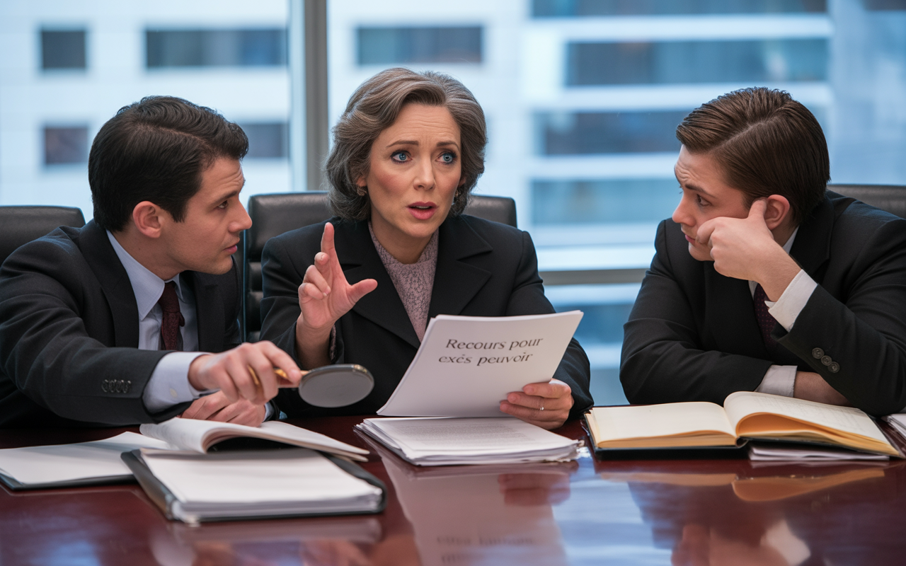 Trois professionnels en costume discutent sérieusement autour d'une table, examinant des documents avec une vue sur des bâtiments en arrière-plan.