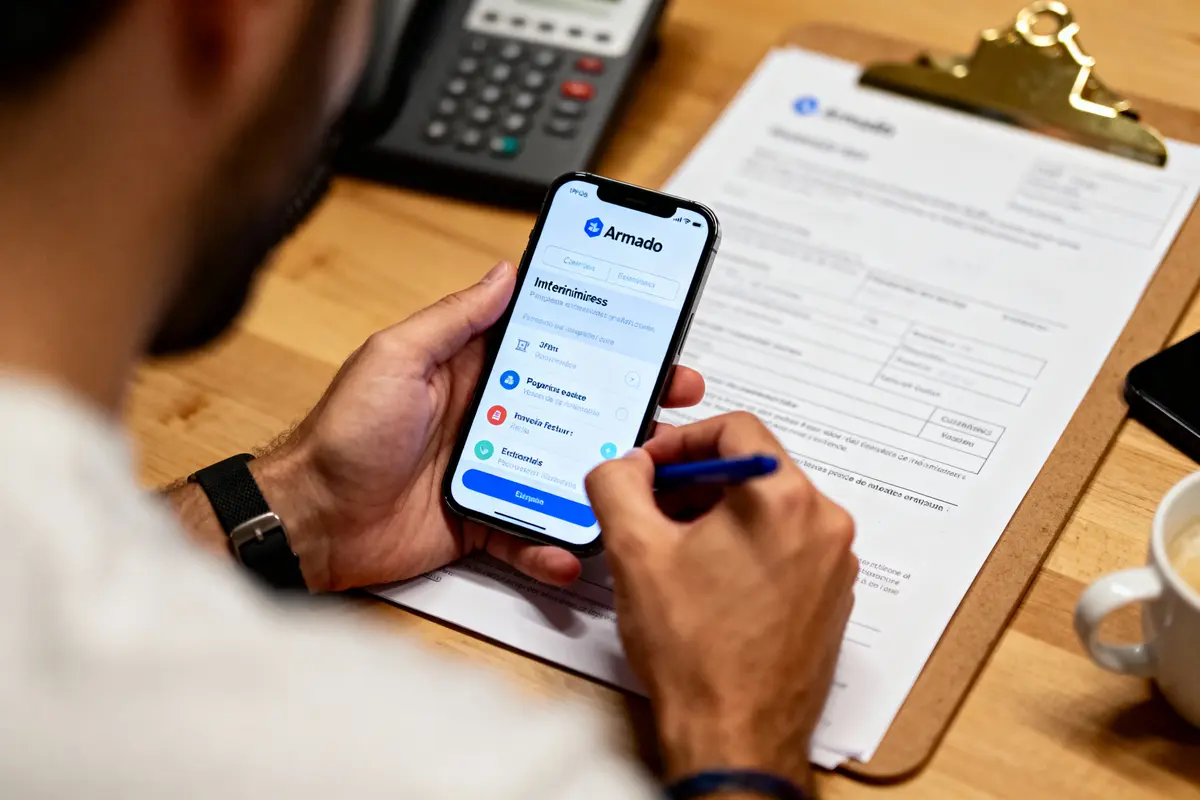 Personne utilisant un smartphone avec l'application Armado, remplissant un formulaire sur un bureau en bois.
