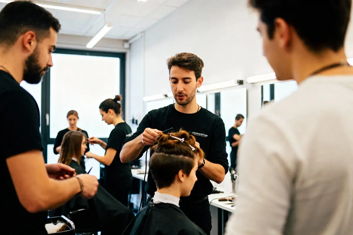 Coiffeurs coupant et coiffant des clients dans un salon moderne, avec miroirs et éclairage lumineux.