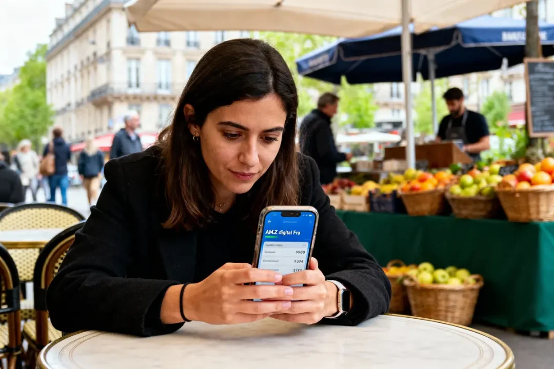 Femme regardant son téléphone portable, assise à une table extérieure près d'un marché fruitier en ville.