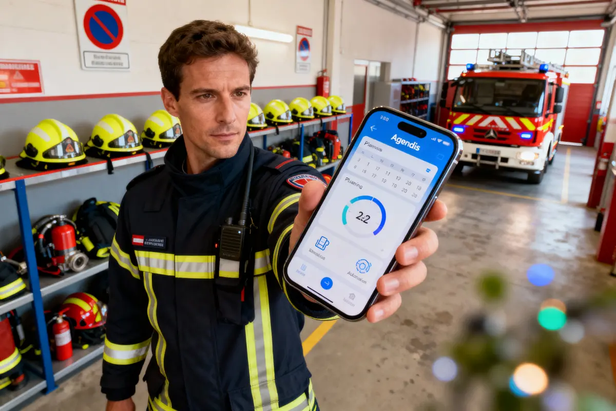 Pompier dans une caserne, uniforme, montre application smartphone. Casques alignés et camion de pompiers en arrière-plan.