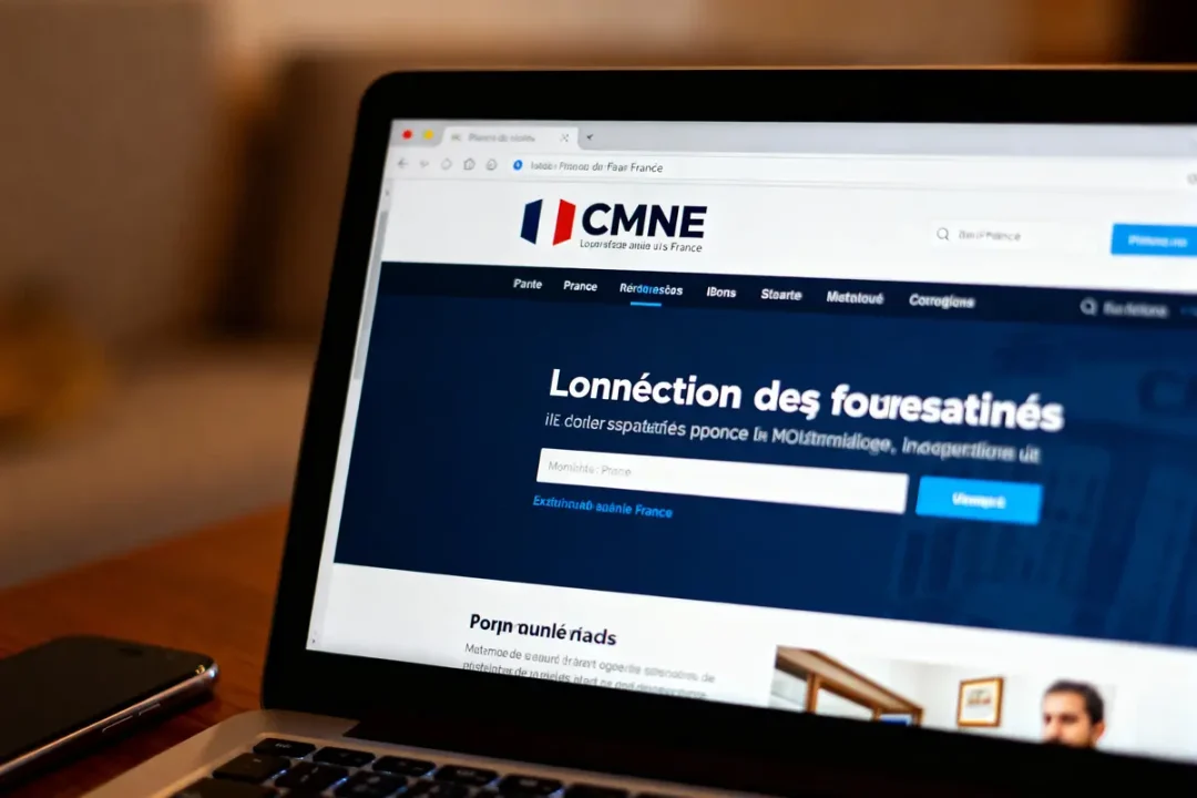 Écran d'ordinateur montrant site web CMNE avec texte déformé, interface de recherche visible.