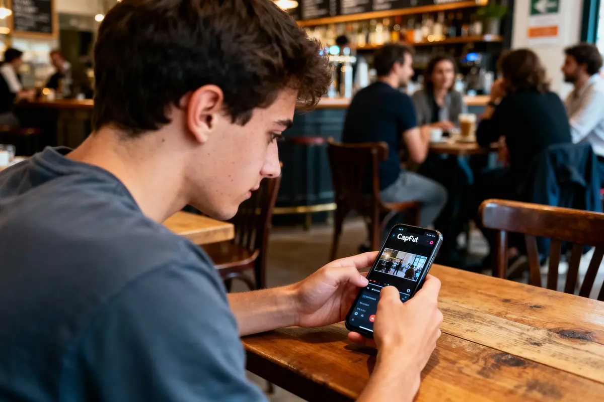 Un jeune homme utilise un smartphone dans un café animé.