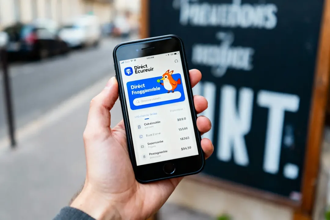 Personne tenant un smartphone affichant une application avec un écureuil cartoon, texte en arrière-plan flou.