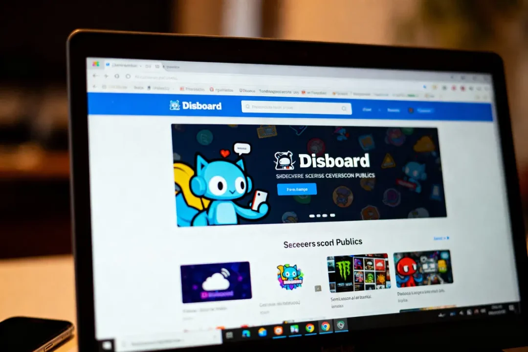 Écran d'ordinateur affichant la page d'accueil du site web Disboard, avec logo et illustrations colorées.