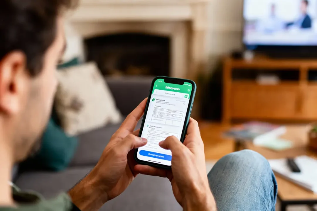 Personne utilisant un smartphone avec une application ouverte, assise dans un salon. Télévision visible en arrière-plan.