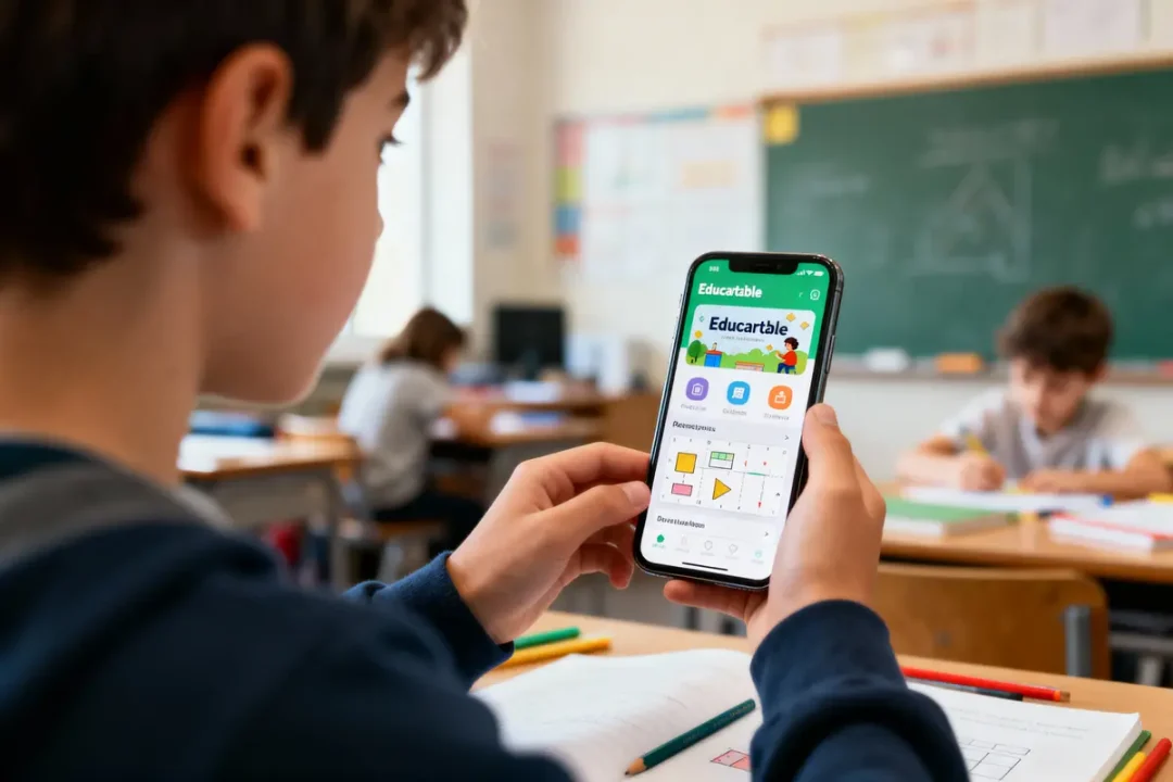 Un élève utilise une application éducative sur son smartphone en classe, tableau vert en arrière-plan.