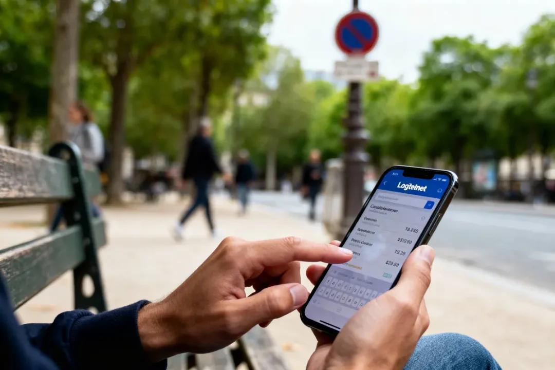 Homme utilisant un smartphone sur un banc, avec une rue animée en arrière-plan.