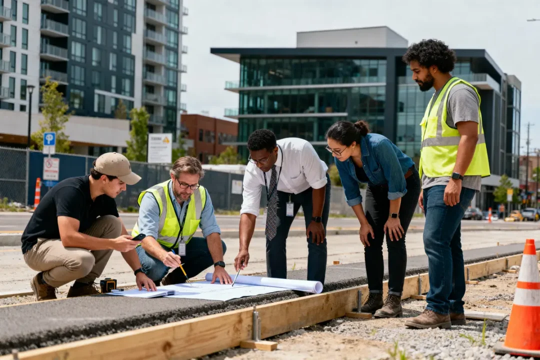 Cinq personnes examinent des plans de construction sur un chantier urbain, entourées d'immeubles modernes.