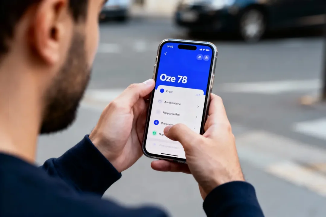 Homme utilisant smartphone avec application Oze 78, écran bleu, interface liste blanche, rue en arrière-plan flou.