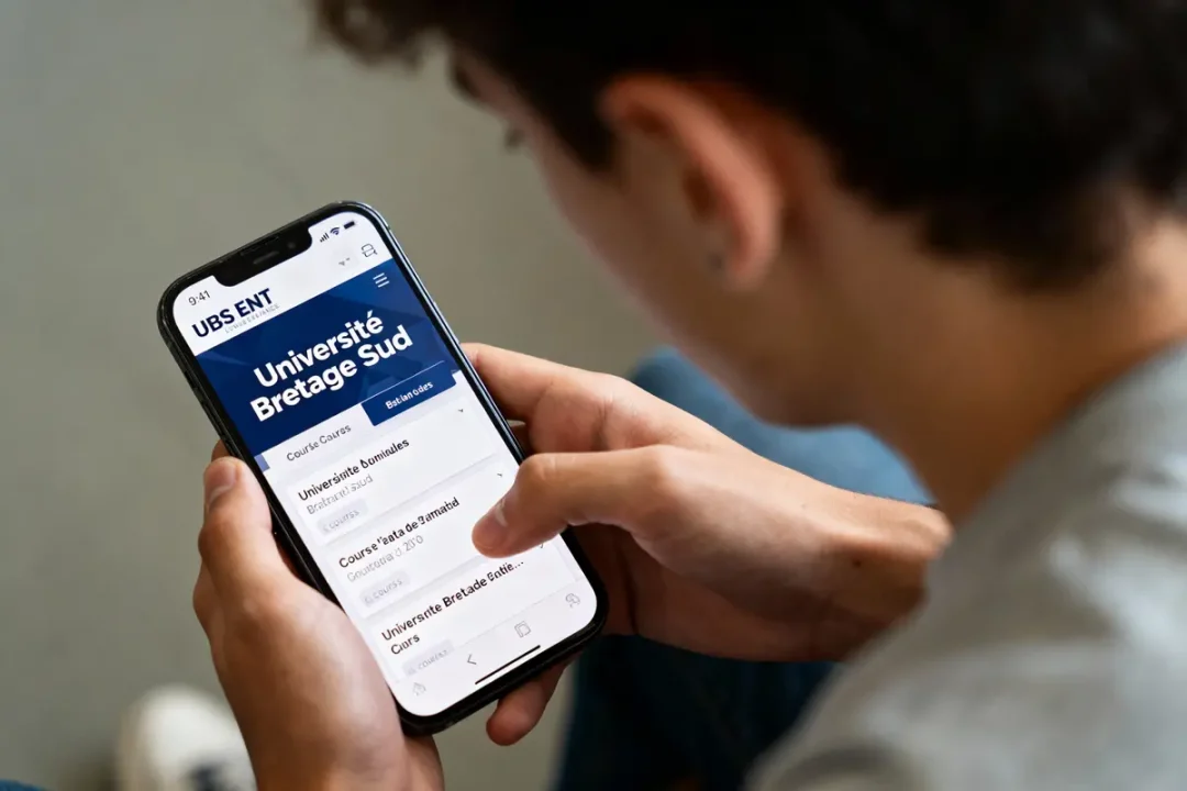 Personne utilisant un smartphone affichant le site de l'Université Bretagne Sud, écran avec options disponibles.