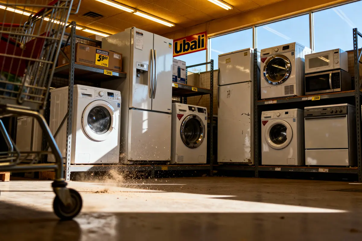 Appareils électroménagers exposés dans un magasin, incluant réfrigérateurs, lave-linges et micro-ondes, avec un chariot au premier plan.