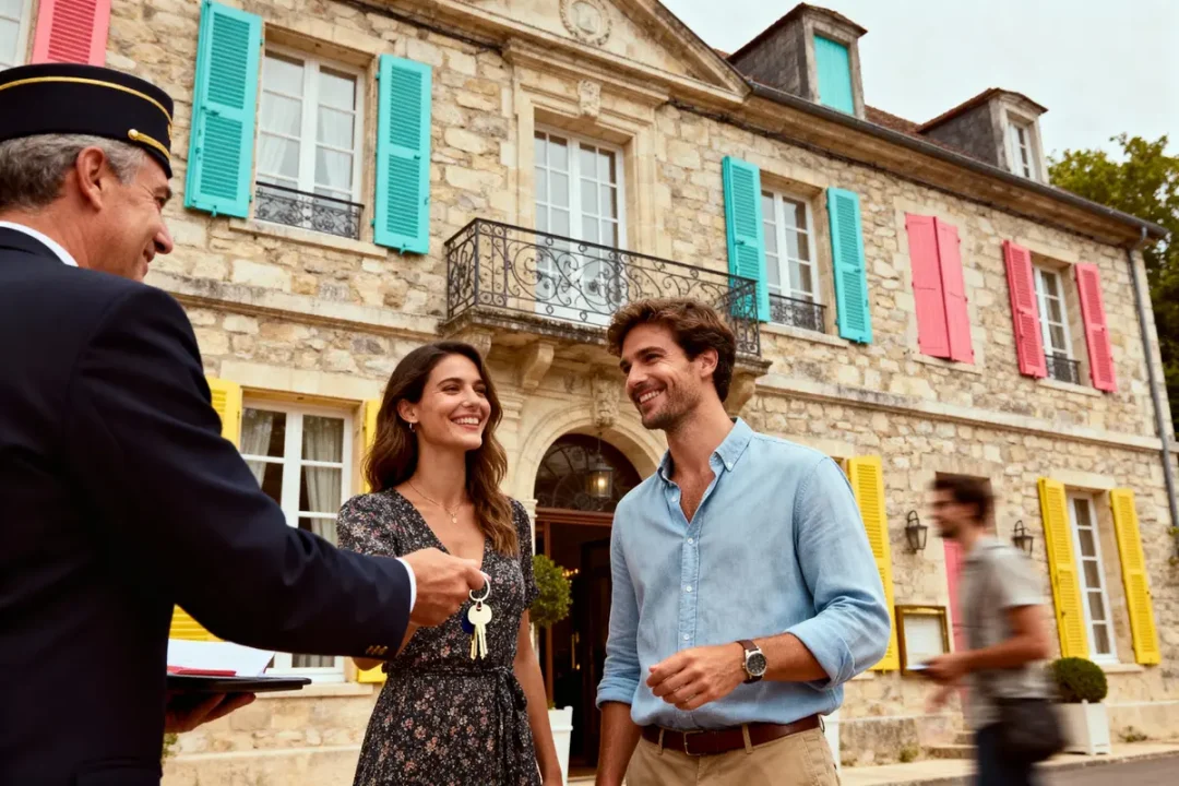 Couple souriant recevant des clés devant maison en pierre avec volets colorés, homme en uniforme tenant dossier.