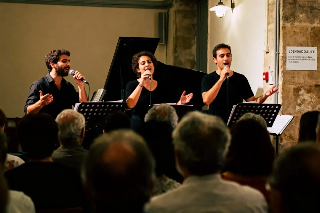Trois chanteurs interprètent sur scène devant un public, accompagnés par un piano et des pupitres.