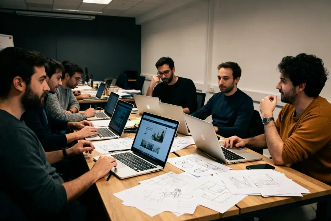 Un groupe d'hommes travaille sur des ordinateurs portables autour d'une table, avec des papiers dispersés.