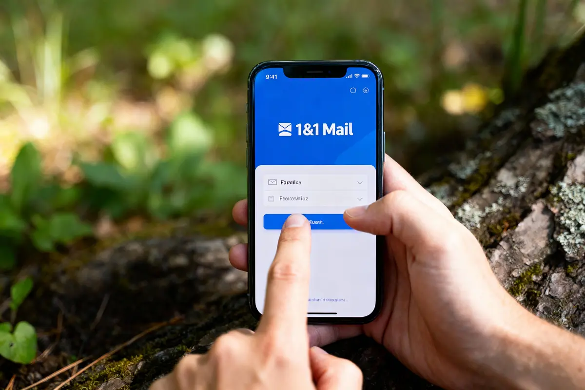 Personne utilisant l'application 1&1 Mail sur smartphone en extérieur, doigt pointant l'écran.