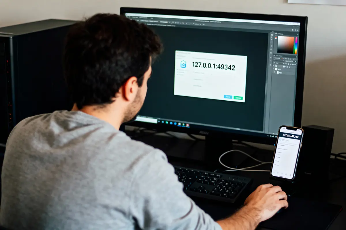 Homme utilisant ordinateur montrant adresse IP, smartphone similaire à côté, bureau avec clavier et moniteur.