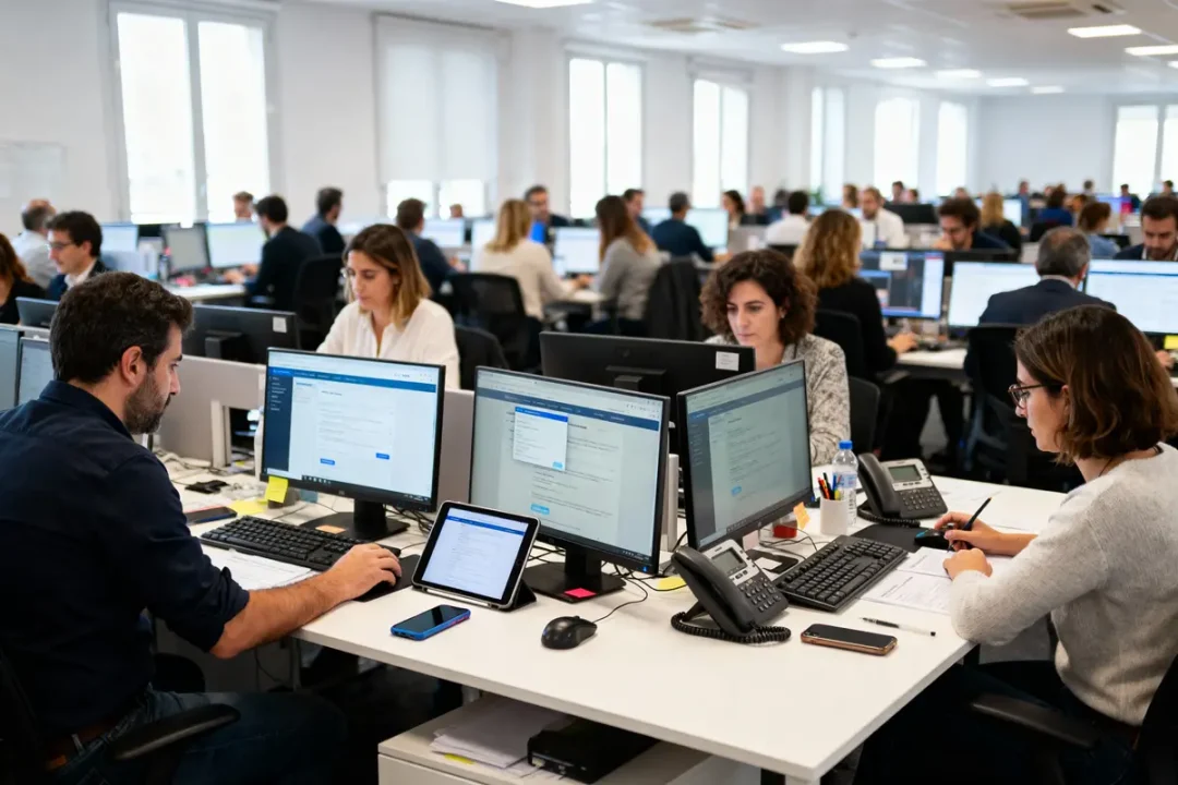 Bureau avec de nombreuses personnes travaillant sur des ordinateurs, ambiance professionnelle, espace ouvert et lumineux.
