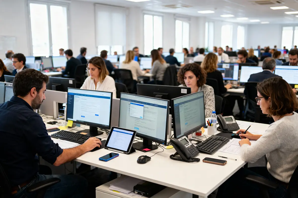 Bureau avec de nombreuses personnes travaillant sur des ordinateurs, ambiance professionnelle, espace ouvert et lumineux.