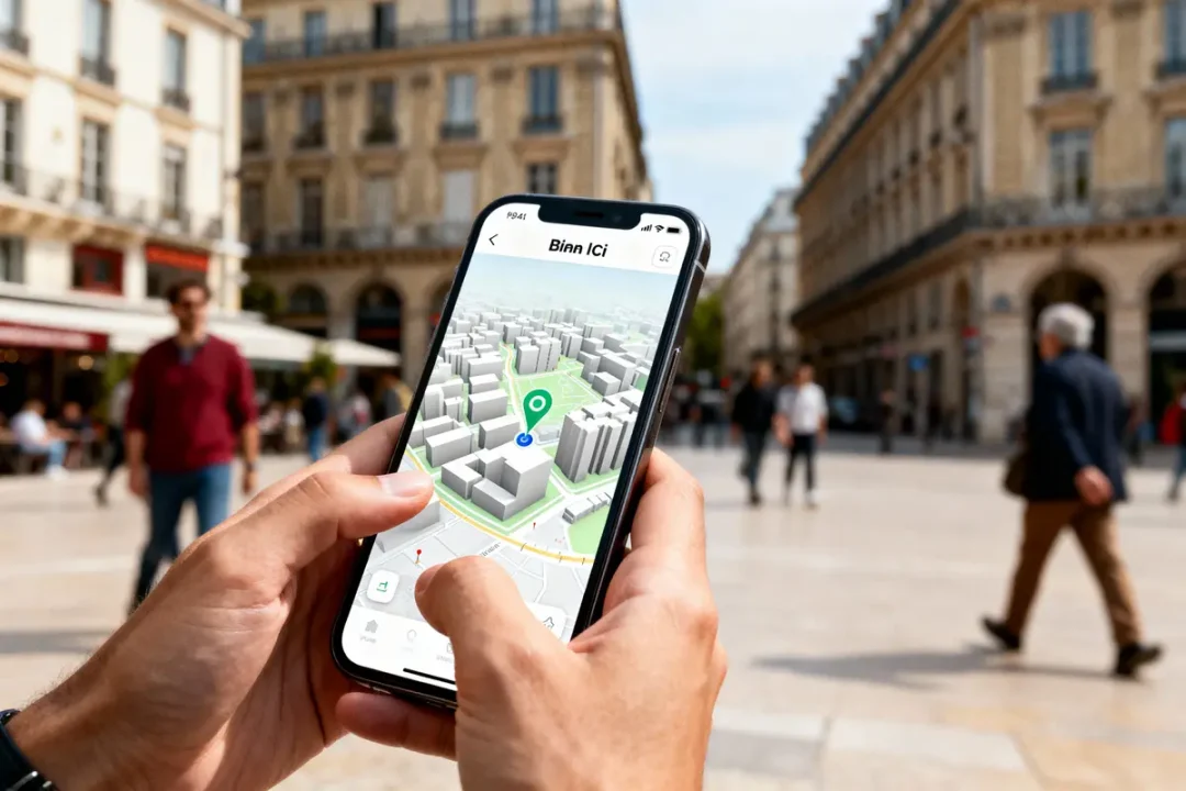 Personne utilisant une application de navigation sur smartphone, fond urbain flou avec piétons et immeubles.