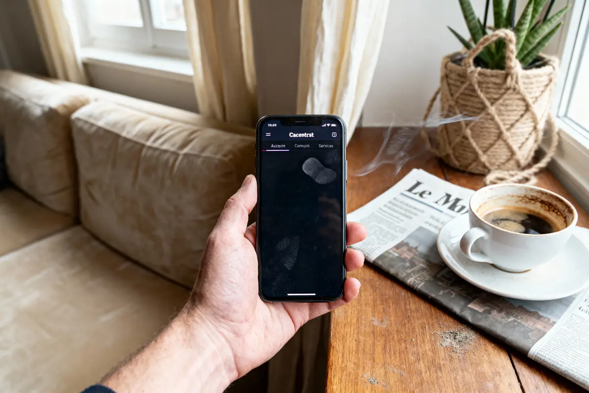 Main tenant smartphone avec empreintes digitales, café, et journal "Le Monde" sur une table près de fenêtre.
