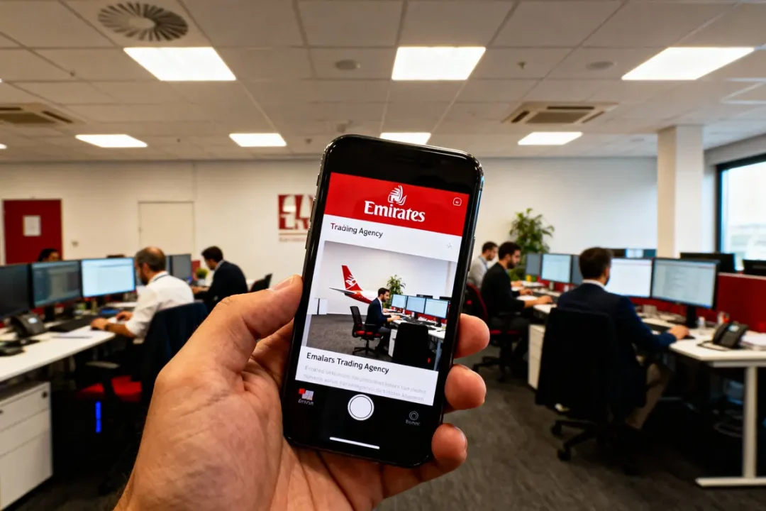 Main tenant un smartphone affichant "Emirates Trading Agency" dans un bureau avec plusieurs personnes travaillant.
