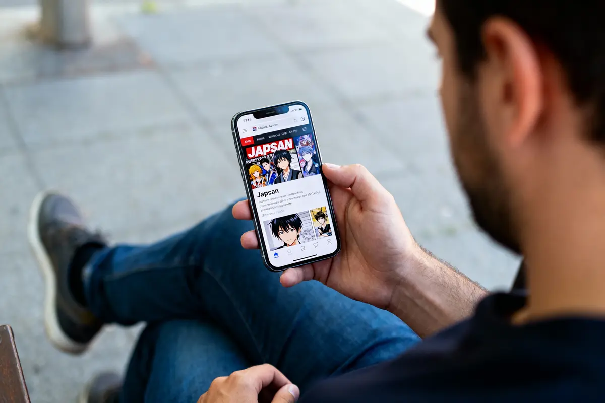 Homme tenant un smartphone affichant une application de mangas assis dehors, pantalon jean et chaussures.