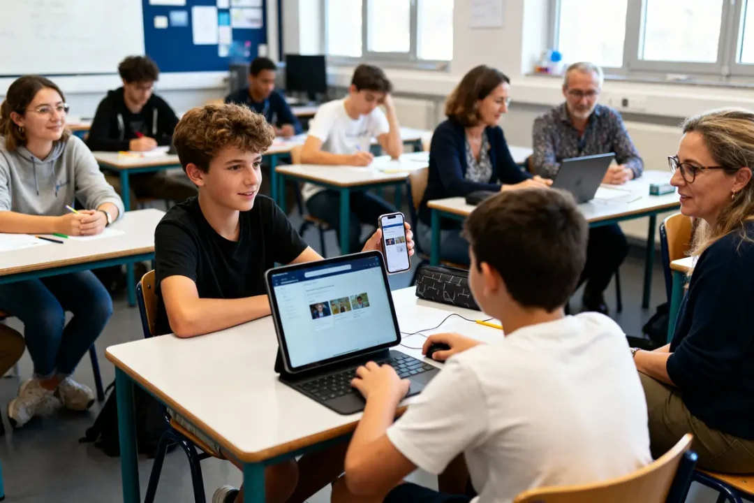 Smartphone affichant "Touraine E School" dans une salle de classe avec des élèves concentrés sur leurs devoirs.