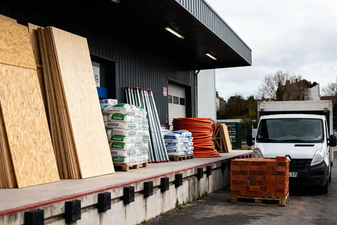 Entrepôt avec matériaux de construction, camion blanc devant palettes de bois, briques, tuyaux et sacs.