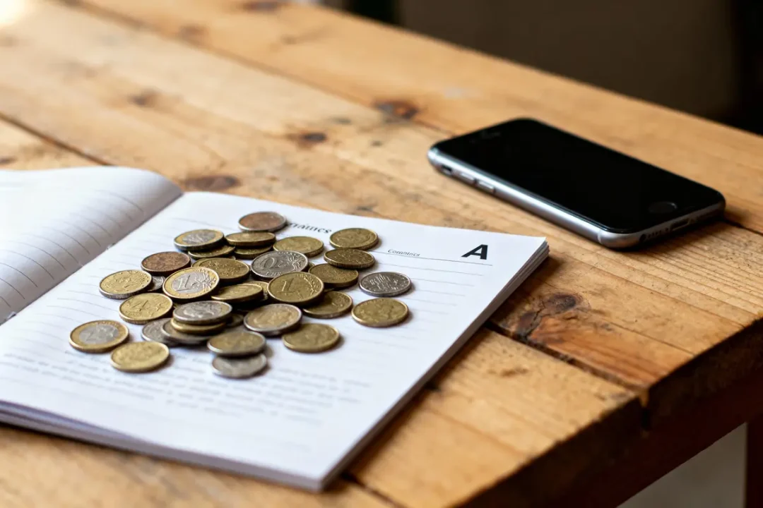 Pièces de monnaie sur cahier ouvert, téléphone portable sur table en bois.