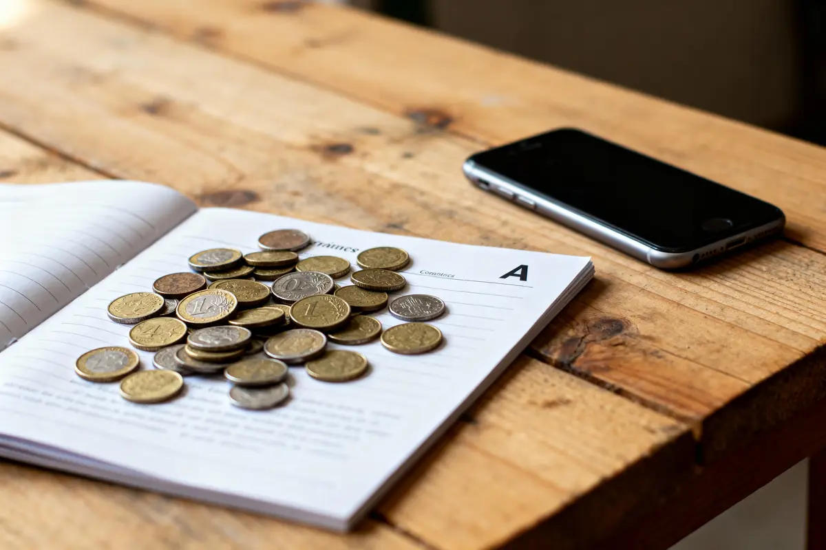 Pièces de monnaie sur cahier ouvert, téléphone portable sur table en bois.